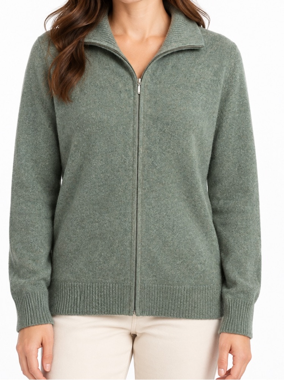 100% Cashmere L.L Bean Women's Full Zip Sweater Mock Neck Green XL
